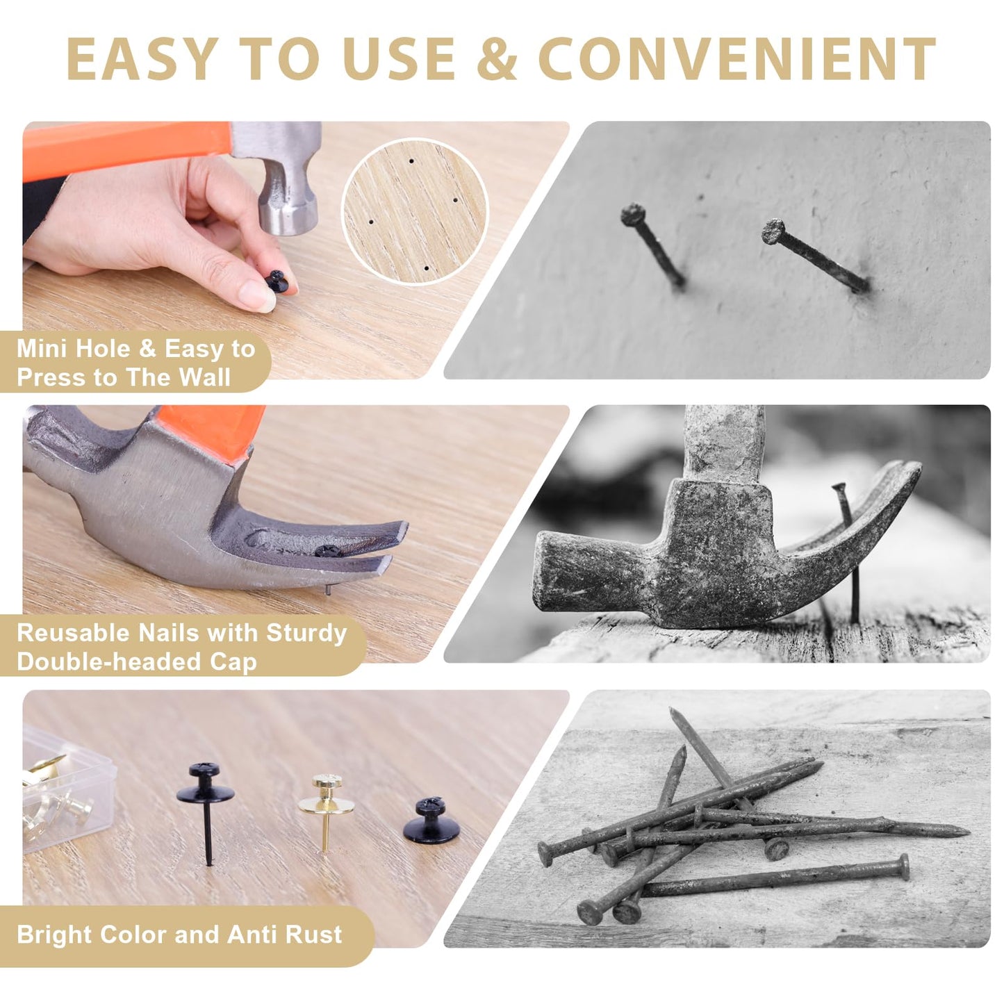 50 PCS Thumb Tacks for Wall Picture Hangers, Double Headed Picture Hanging Nails Kit, Push Pins Wall Hooks, Renter Friendly Decor Thumbtacks for Tapestry Frame Art Photos(Black &Gold)