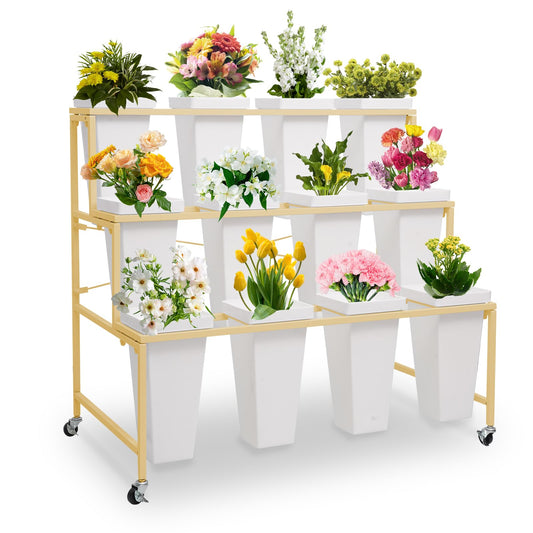 Flower Display Stands with Buckets, 3-Tier Rolling Plant Stand with Locking Wheels - Heavy Duty Metal Flower Cart for Indoor/Outdoor Use, Wedding Decor & Florist Displays (Holds 12 Pots) (Gold)