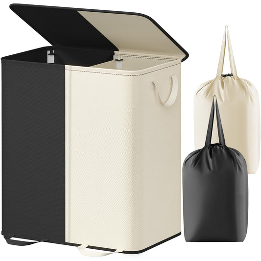 Lifewit Double Laundry Hamper with Lid and Removable Laundry Bags, Large Collapsible 2 Dividers Dirty Clothes Basket with Handles for Bedroom, Laundry Room, Closet, Bathroom, College, 136L Beige