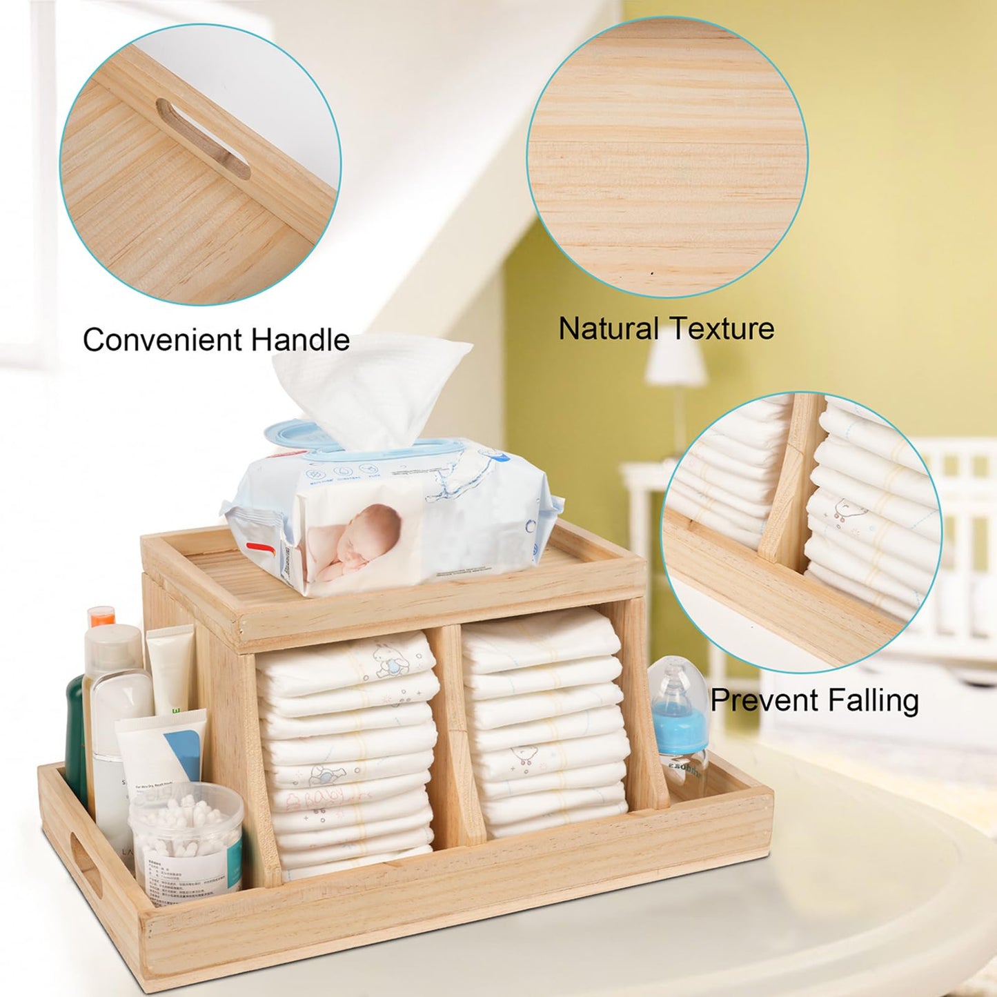Busidhji Diaper Caddy Organizer, Changing Table Organizer, Wooden Diaper Organizer for Nursery, Baby Diaper Storage Organizer with Removable Dividers (Brown, Rectangular Size)