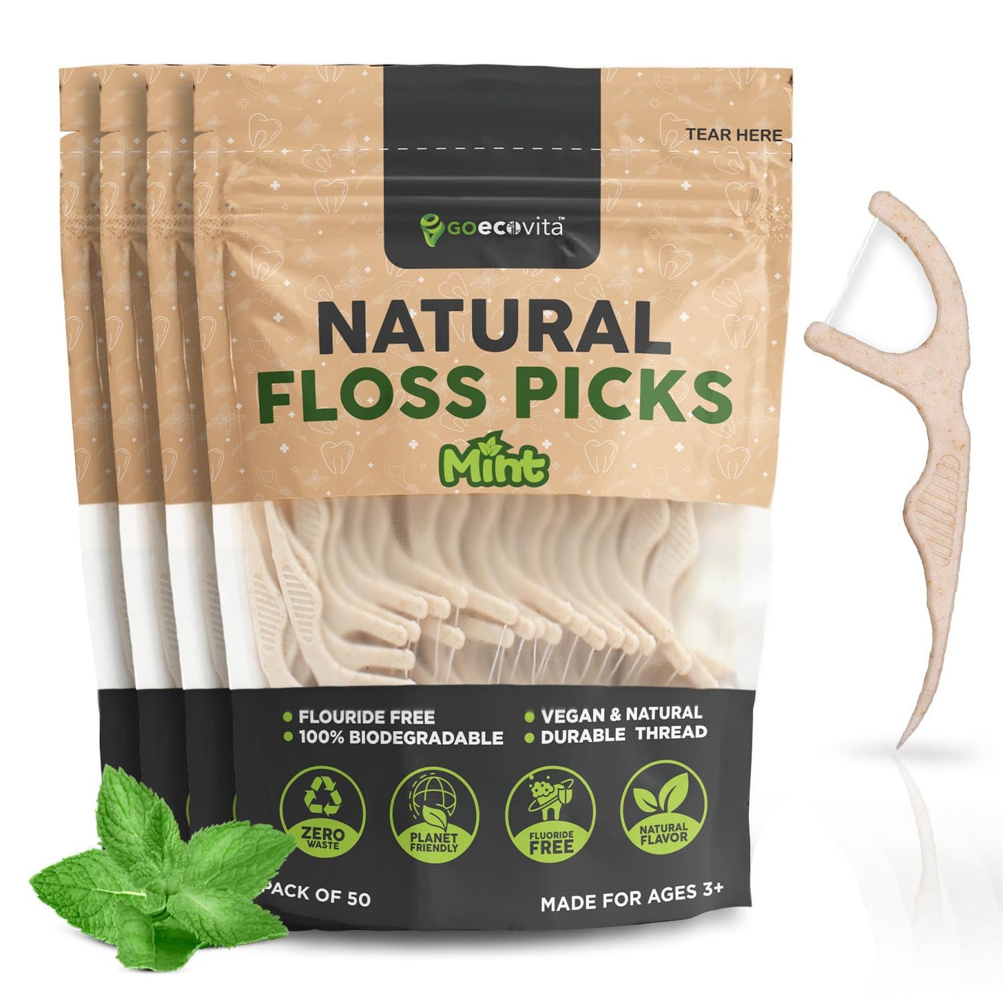 Biodegradable Floss Picks - Natural Straw Wheat Handle | Thin & Durable Thread for Tight Gaps! | Dental Flossers for Adults | Gentle on Gums & Teeth | Eco Friendly, Vegan, Natural (100 Pack, Mint)