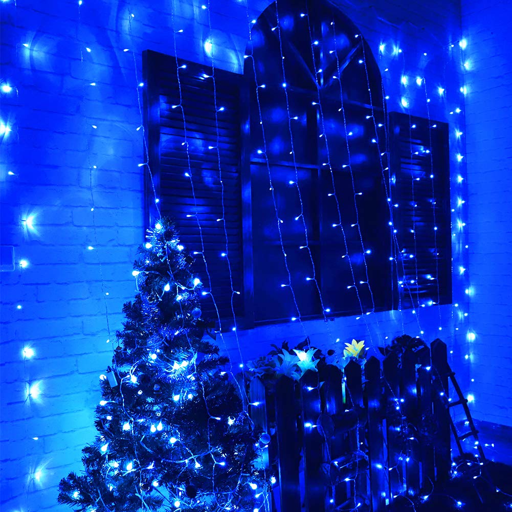 HEYFUNi Curtain Lights,304L 9.8ftX9.8ft 30V 8Modes Safety Window Lights with Memory for Home Wedding Christmas Party Patio Lawn Garden Bedroom Outdoor Indoor Wall Decorations (304LED, Blue) 1