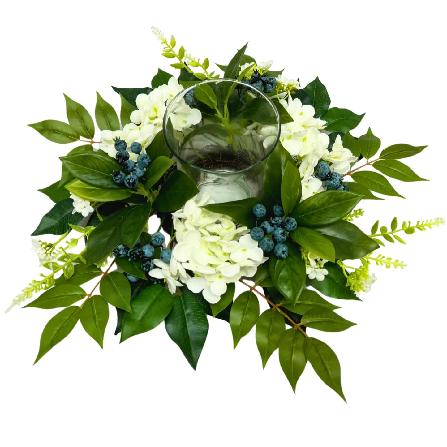 All Season Floral Arrangement Centerpiece for Table Glass Candle Holders with Artificial Hydrangea Flowers Blueberry Eucalyptus Leaves for Dining Room Indoor Outdoor Home Decor