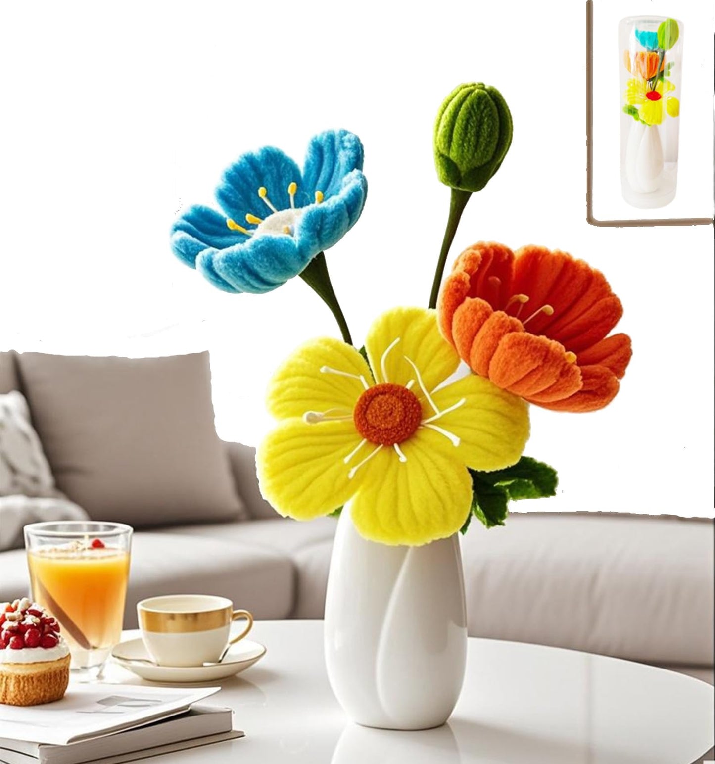 Handmade Artificial Flowers Kit with Ceramic Vase - Poppy Pipe Cleaner Bouquet for Wedding Centerpiece, Preserved Flowers Home Decor (Lasts 3-5 Years | Reshape Upon Arrival).