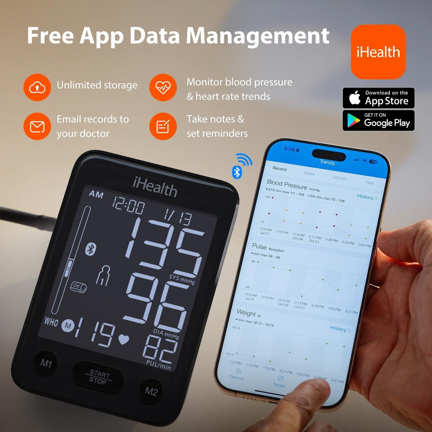 iHealth Accu Wireless Blood Pressure Monitor with Bluetooth Cloud Storage, Body Movement Detection, Wrap Indicator, Adjustable Large Adult Cuff(8.7-16.5 inch), Dual User Functionality for Home Use