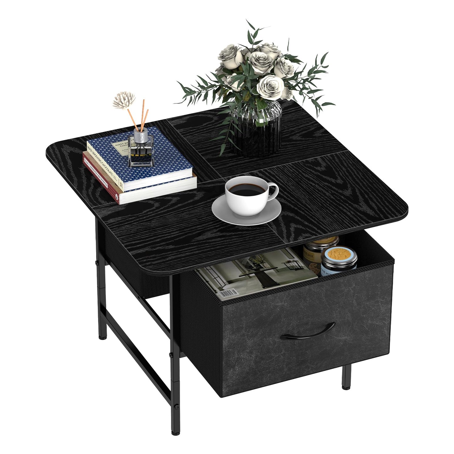 Shinoske Square Coffee Table with Storage Drawer,Small Black Coffee Tables for Living Room,2-Tier Farmhouse Center Table with Round Corners for Small Space,Apartment,Office