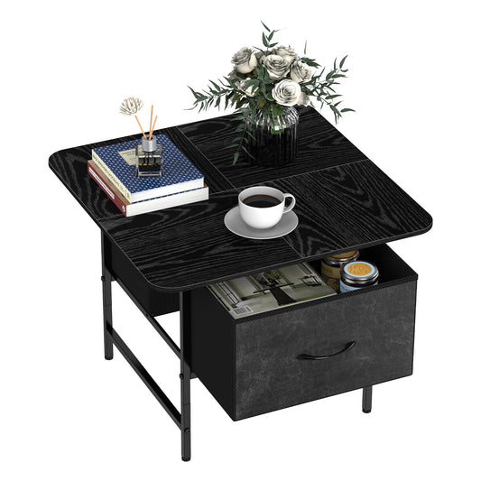 Shinoske Square Coffee Table with Storage Drawer,Small Black Coffee Tables for Living Room,2-Tier Farmhouse Center Table with Round Corners for Small Space,Apartment,Office