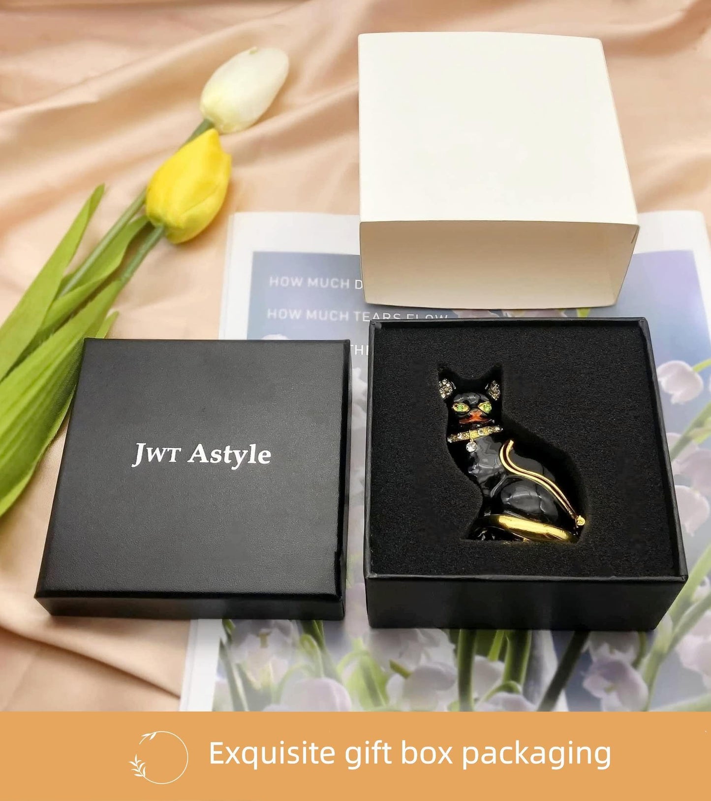 JWT Astyle Luxury Black Cat Hinged Jewelry Box with Crystals.Hand Painted Cat Figurine Trinket Box .Classic Animal Designs.Rings Earrings Necklace Storage Box, Cat Home Decor Gift