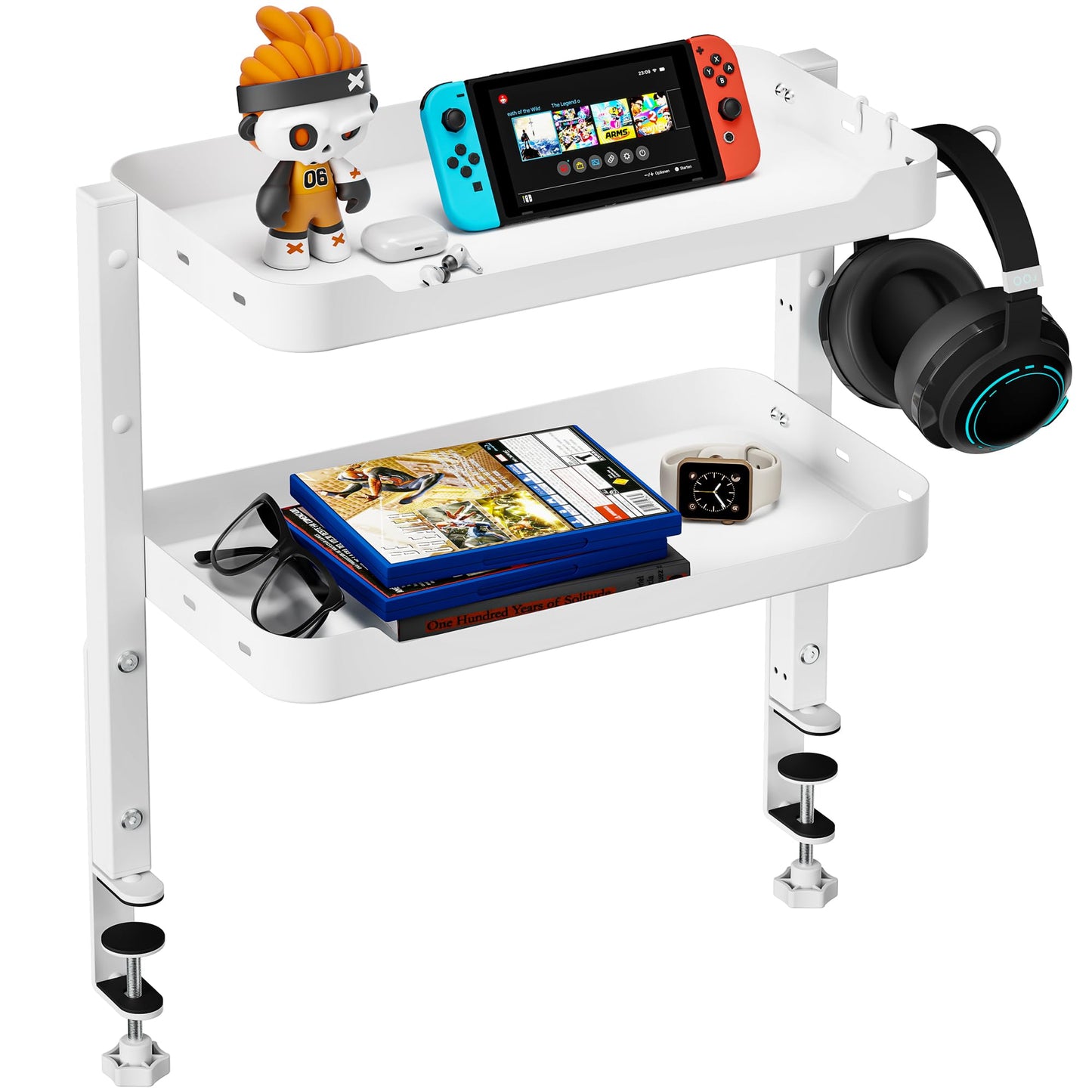 ARES WING 2-Tier Clamp On Desk Shelf, 16 inch Adjustable Above or Under Desk Storage Shelves Holds 44 lbs, Heavy Duty Desktop Organizer with Headphone Holder for Working and Gaming Accessories, Black