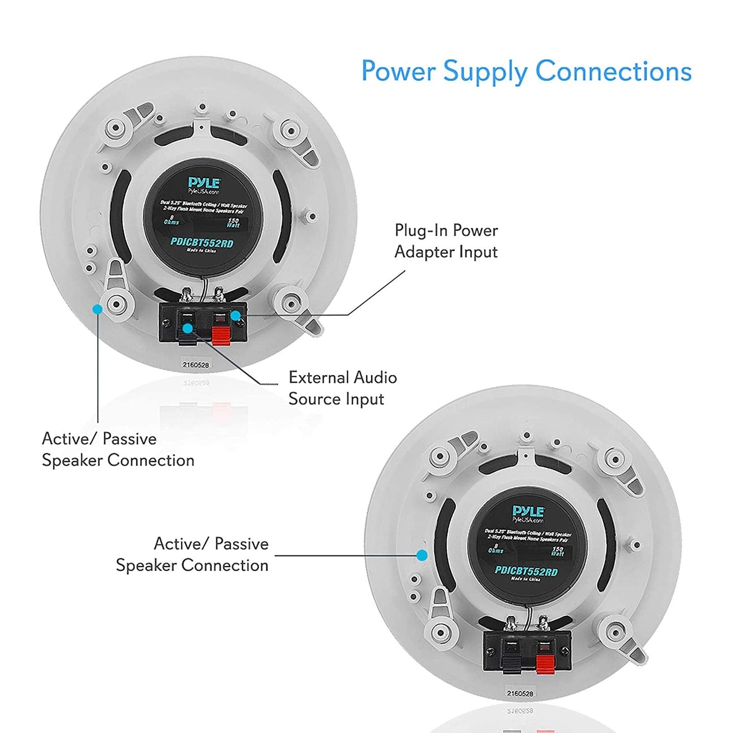 Pyle 5.25” Pair Bluetooth Flush Mount In-wall In-ceiling 2-Way Speaker System Quick Connections Changeable Round/Square Grill Polypropylene Cone & Polymer Tweeter Stereo Sound 150 Watt (PDICBT552RD)