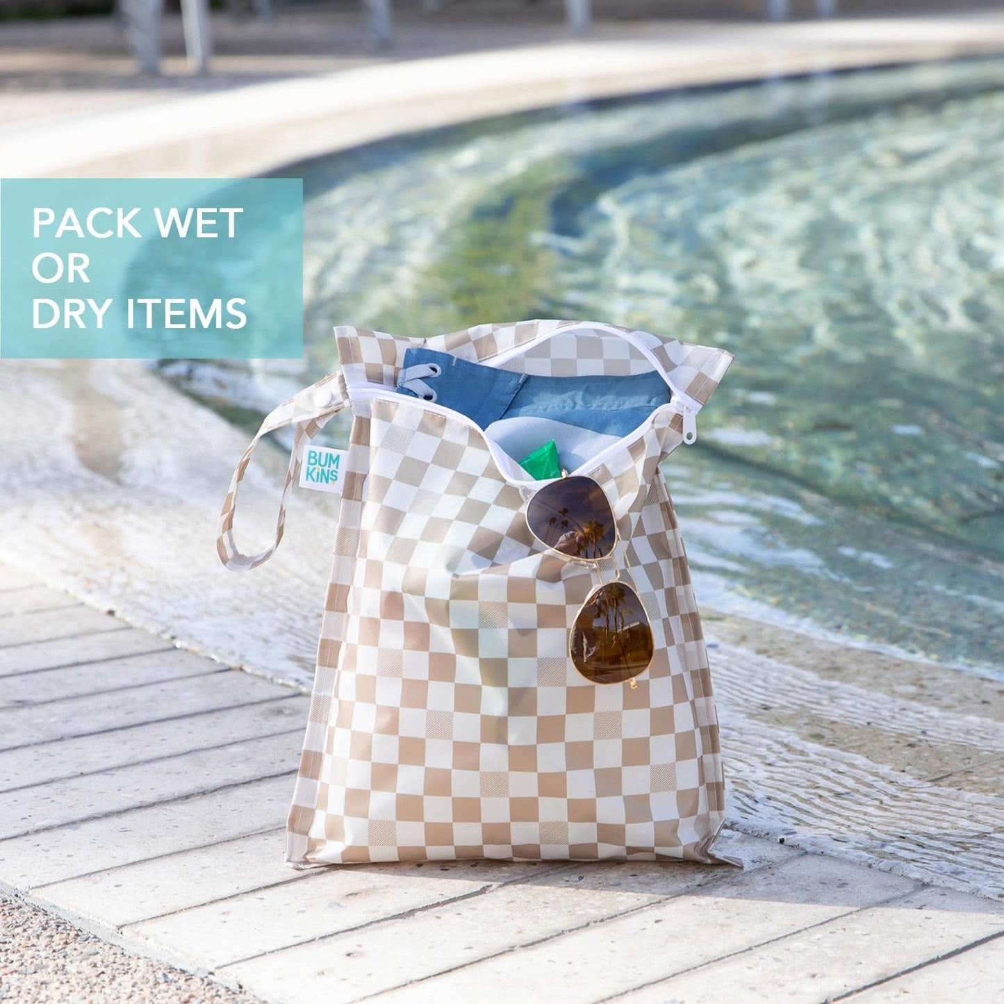 Bumkins - Waterproof Wet Bag & Clear Travel Bags - For Beach, Baby, Travel, Swim Suit, Cloth Diapers, Pump Parts, Pool, Gym, Toiletries - Reusable & Easy to Clean - Beige Check - 4 Pack