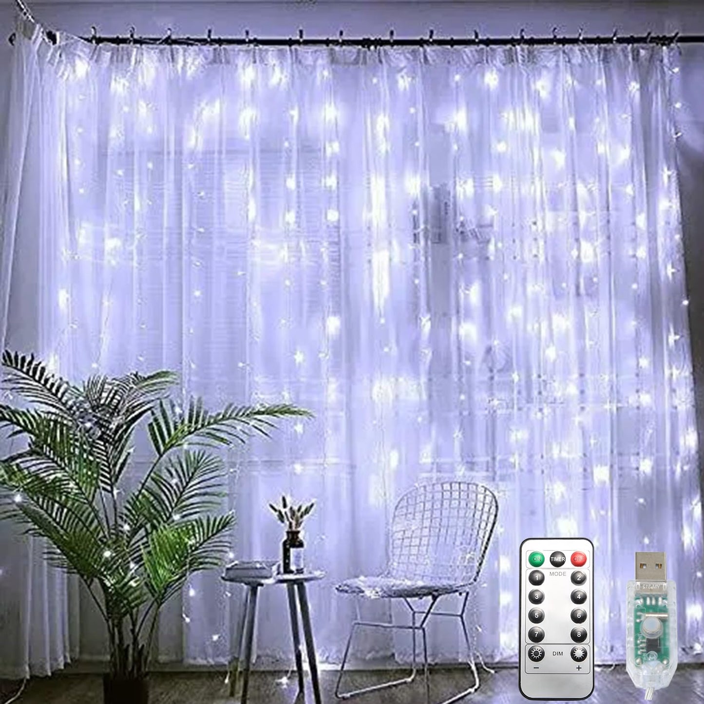 Curtain String Lights, 300 LED Fairy Lights with 8 Light Modes, 9.8x9.8Ft Remote Controlled Plug-in Fairy String Lights for Christmas, Bedroom, Indoor, Outdoor, Weddings, Party Decor (White)