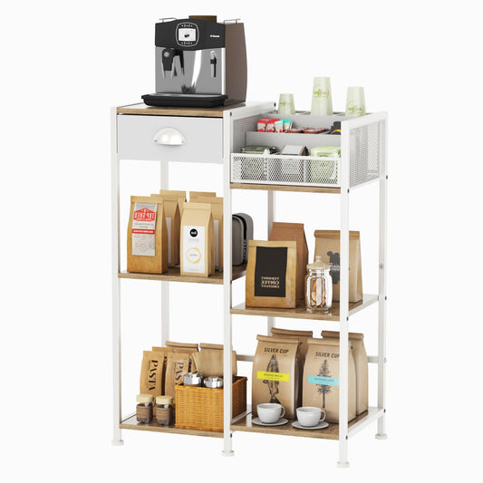 Coffee Bar Station with Drawer, 6 Tier Coffee Table with Dividers for Organizing, 3 Tier White Storage Stand for Living Room/Kitchen/Bathroom