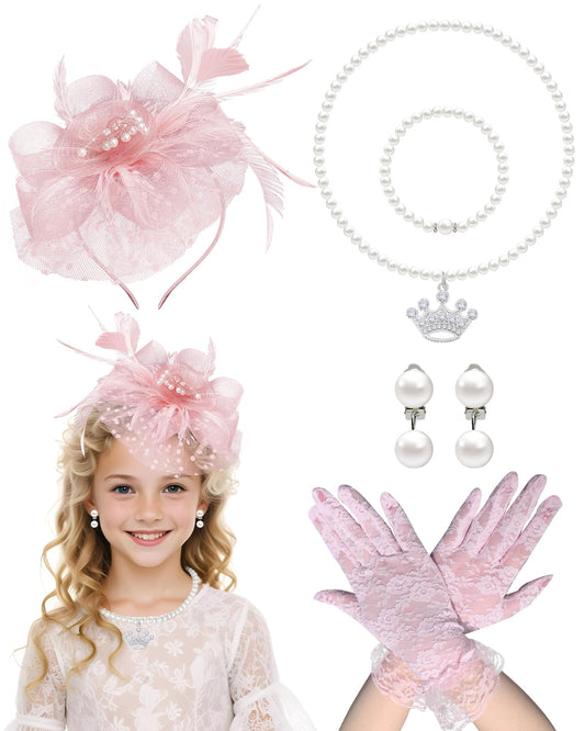 5Pcs Girls Tea Party Fascinators Hats Tea Party Headband and Lace Glove Set for Girls 1920s Party