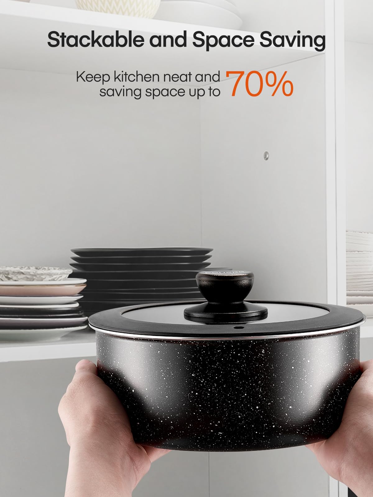 FOHERE 8pcs Pots and Pans Set with 2 Detachable Handles, Aluminum Nonstick Cookware Set, Induction Pan Set, RV Cookware Set, Oven Safe, Stackable