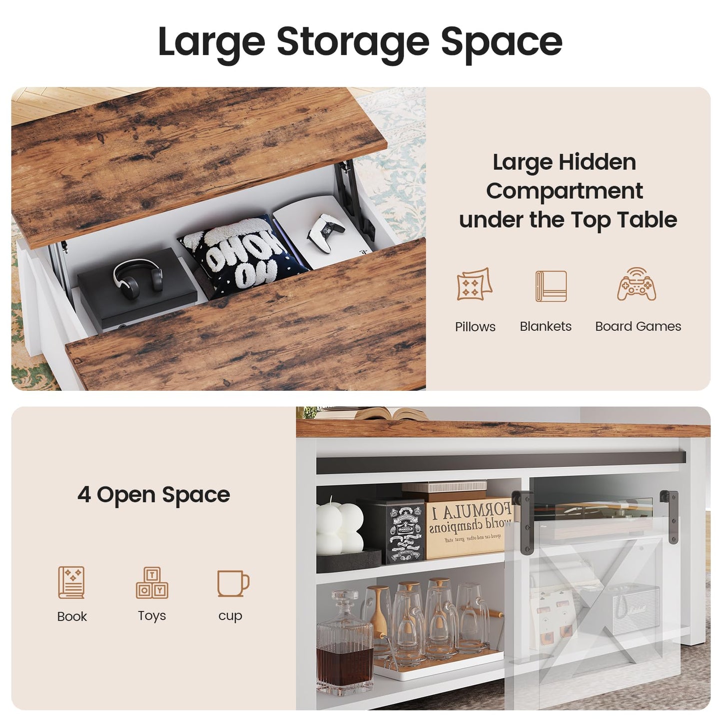 SEDETA 31.5" Lift Top Coffee Table with Storage, Square Coffee Tables for Living Room, Farmhouse Coffee Table with Large Hidden Storage Compartment and Adjustable Shelves, White