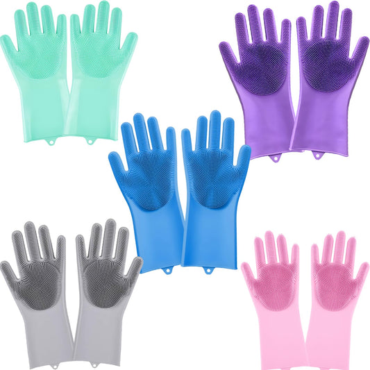 PEOKPIPLE 5 pairs Silicone Dishwashing & Pet Grooming Gloves - 2-in-1 Heat Resistant Gloves with High-Density Teeth, Enhanced Five Finger Design for Bathing, Cleaning Dishes, Cars, Dogs & Cats