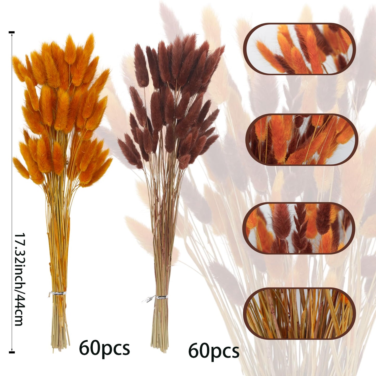 CISDUEO 120pcs Dried Bunny Tails Flowers Lagurus Ovatus Tail Dried Flowers Pampas Grass Brown and Orange 17" Natural Dried Floral Arrangement for Boho Decor Home Wedding DIY Farmhouse Table Christmas