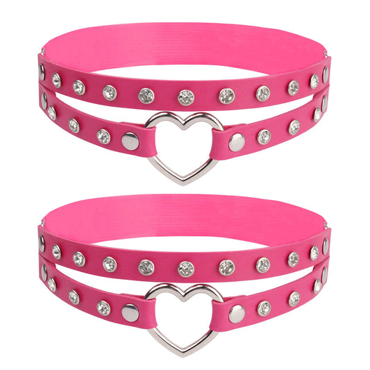 Adjustable PU Leather Women's Gothic Double Straps Heart O Ring Leg Thigh Elastic Garter Belt with Rhinestone, One Pair