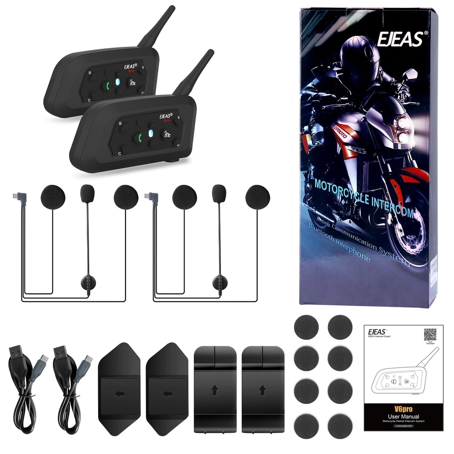 EJEAS V6 Pro Motorcycle Helmet Bluetooth Intercom, 2-Way 1200M Motorcycle Bluetooth Headset Universal Communication System with Noise Cancellation and Waterproof for Dirt Bike/ATV/Snowmobile (2PCS)