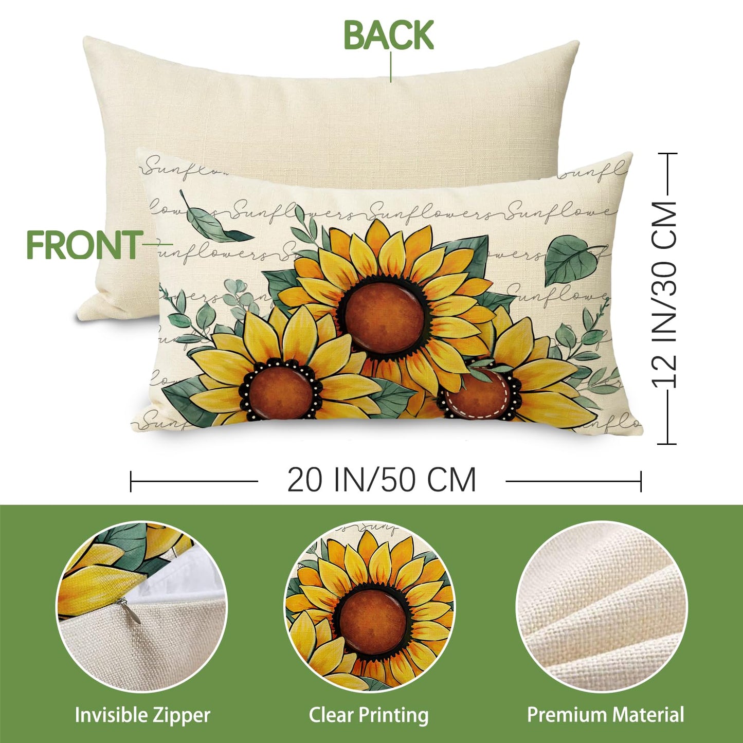 Fjfz Spring Summer Sunflower Lumbar Decorative Throw Pillow Cover 12 x 20, Rectangular Floral Flower Eucalyptus Leaves Outdoor Home Decor, Fall Autumn Seasonal Couch Cushion Case