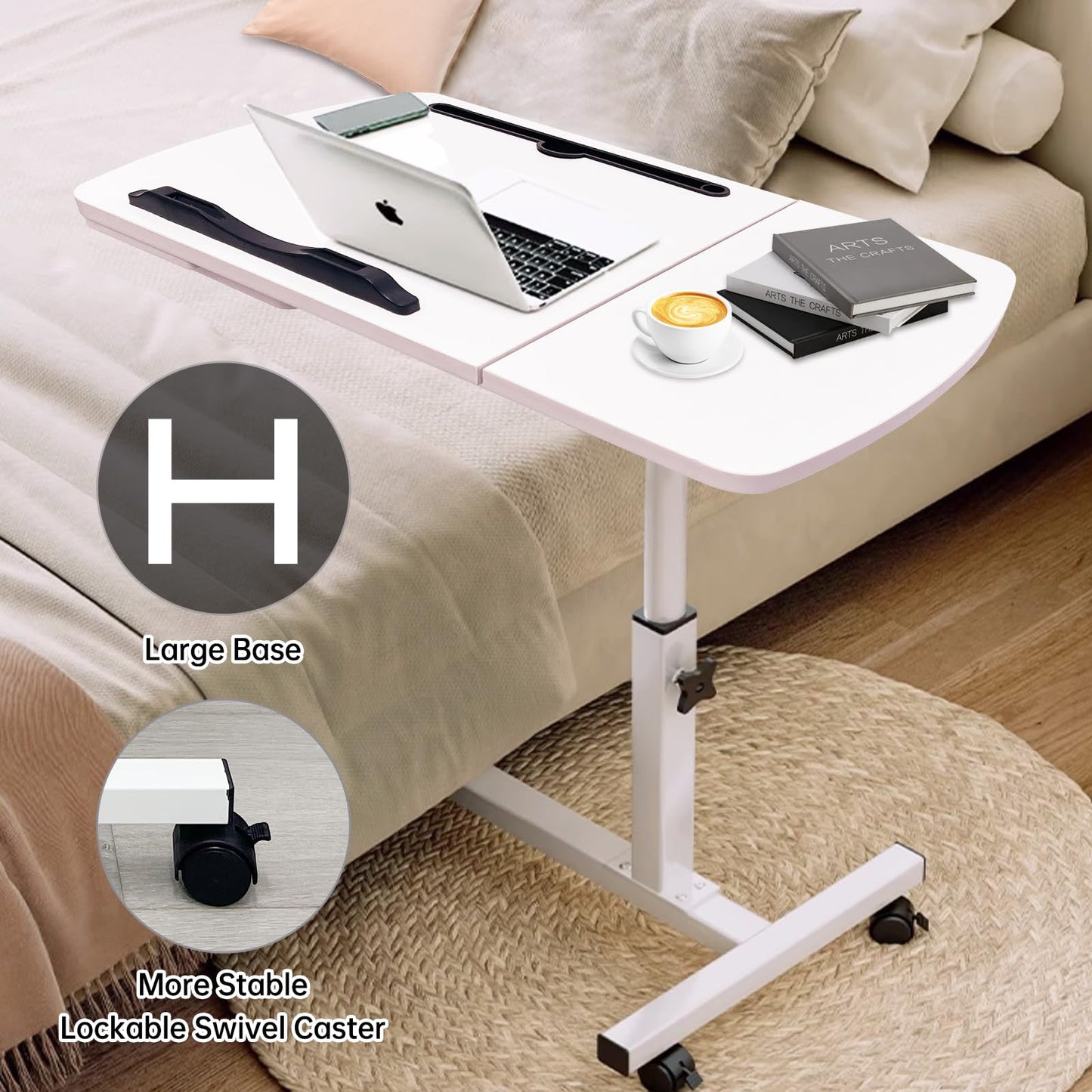 DOKKOME Medical Adjustable Overbed Bedside Table with Wheels, Mobile Standing Desk Laptop Computer Cart with Phone Holder and Drawer for Hospital and Home Use