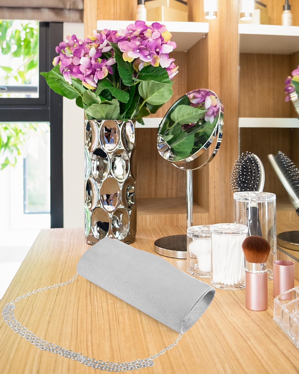 TINDTOP Clutch Purses for Women, Formal Evening Bags Suede Shoulder Envelope Party Handbags Wedding Cocktail Prom Clutches (Silver)