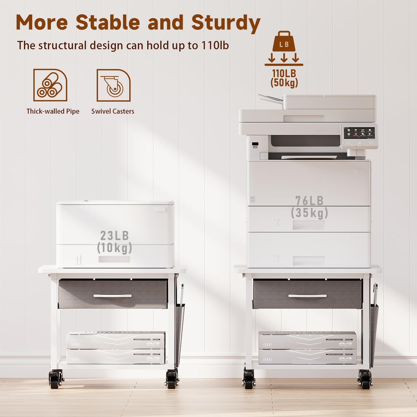 MIXISAV 2 Tier Printer Stand with Storage Drawer - Under Desk Rolling Printer Cart for Home Office, Small Printer Table with Industrial Locking Wheels fit Fax Machine/Scanner (White)