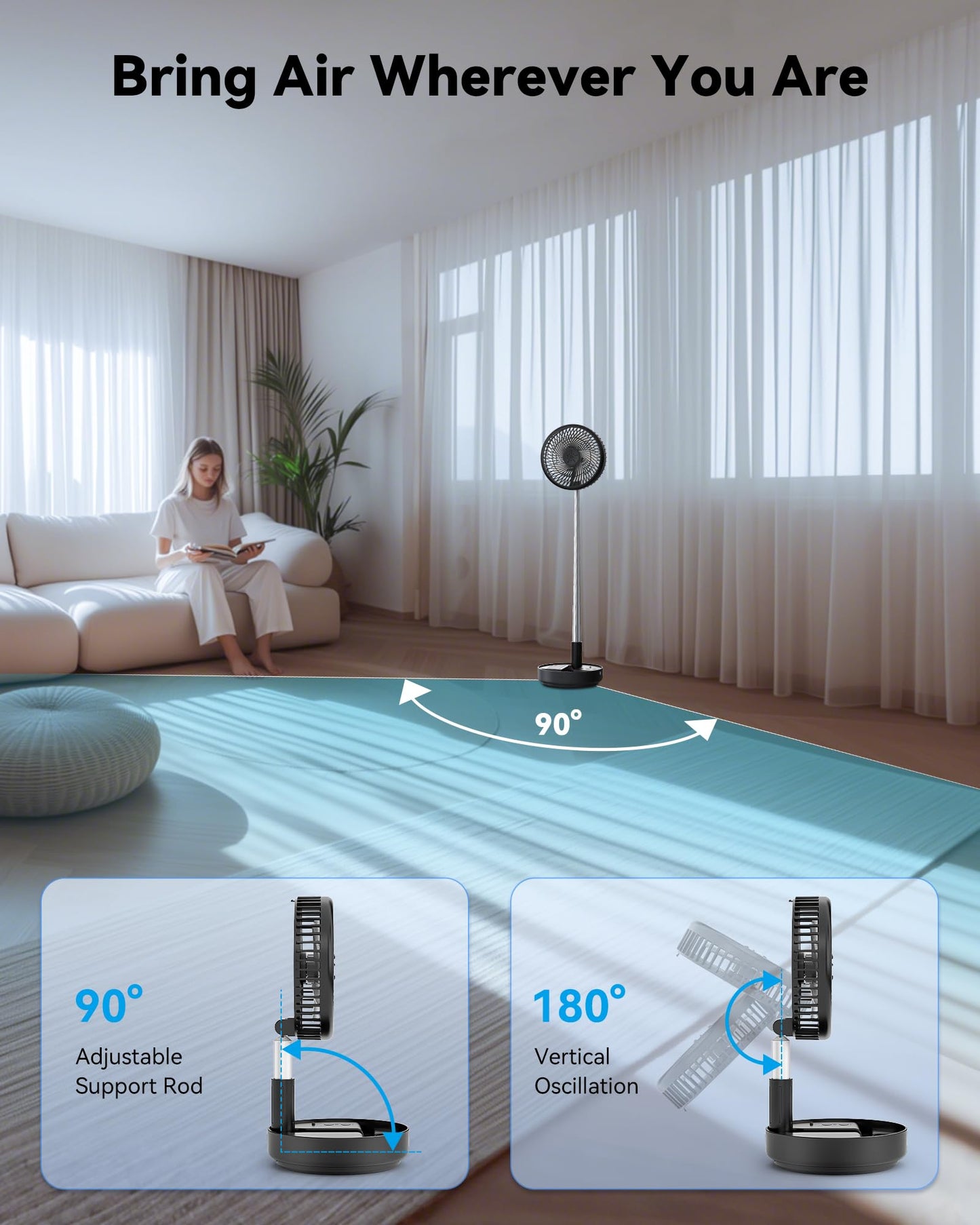 Primelove Portable Oscillating Travel Fan, 10400mAh Battery Operated Rechargeable USB Floor Table Desk Fan with Remote, 4 Speed Settings Pedestal Fan for Home Bedroom Office Camping Cruise, Black 8"