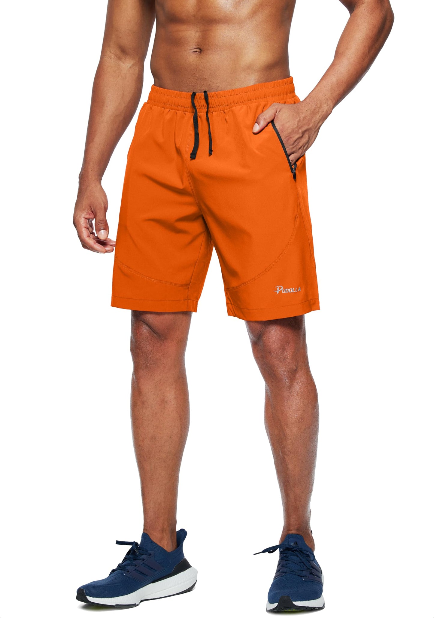 Pudolla Men's Workout Running Shorts Lightweight Gym Athletic Shorts for Men with Zipper Pockets(Orange Large)