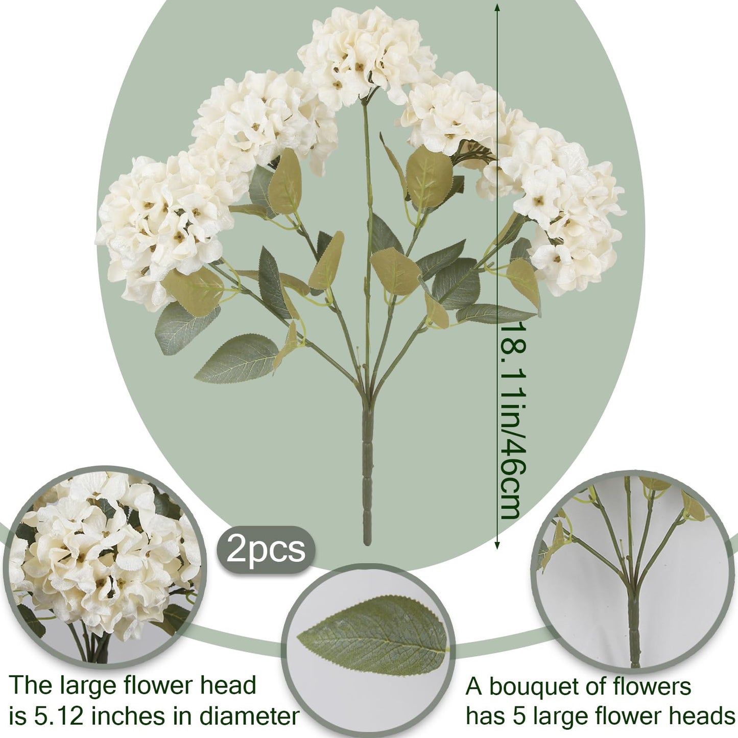 FAICOIA 2 Pcs Hydrangea Artificial Flowers White Faux Hydrangeas Flower Outdoor Artificial Flowers Bouquets Silk Hydrangea Flowers Stems for Home Decor Party Floral Arrangements Wedding Centerpieces