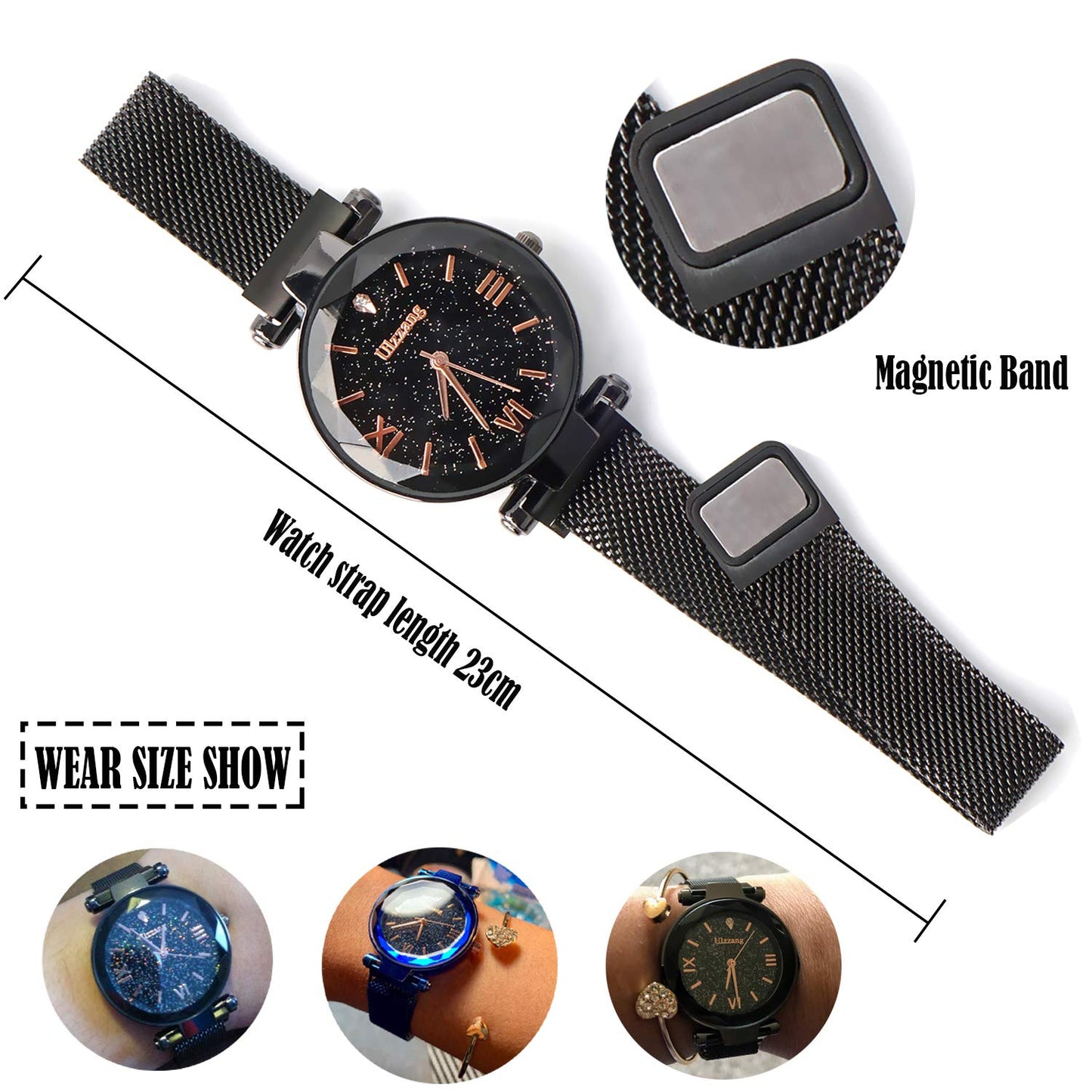 FUNGORGT Fashion Black Ladies Watch Magnetic Mesh Band Starry Sky Dial Analogue Quartz Wrist Watch for-Valentine's Day Gifts