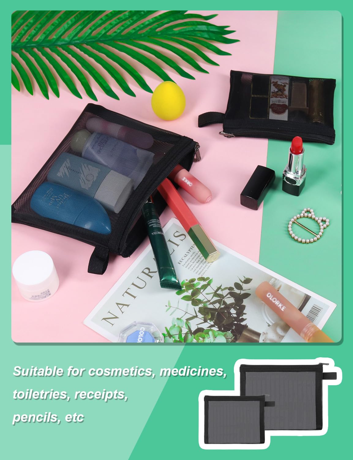 besharppin 4 Pack Mini Cosmetic Bags, Small Mesh Makeup Bag with Zipper for Home Office Purse Multipurpose Nylon Bag (Black)