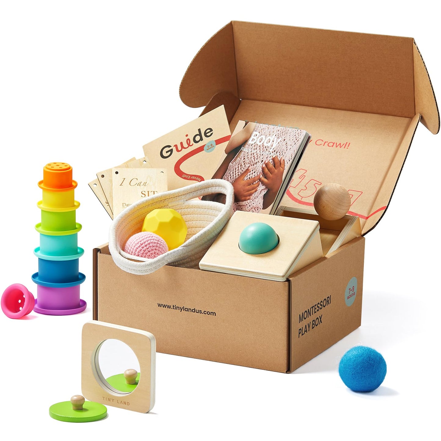 Tiny Land Montessori Toy Set for Babies 7-9 Months Senser Play Kit - 5-in-1 Wooden Learning Toys with Object Permanence Box, Sensory Ball, Stacking Cups and Mirror Puzzle,Body Board Book