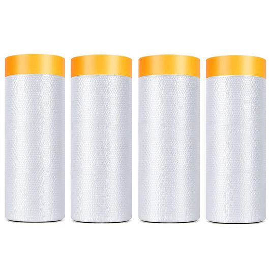 Painters Plastic With Tape, Pre-Taped Masking Film, 4 Rolls Automotive Best Tape and Drape, Paint Adhesive Protective Film Roll for Covering Skirting, Frames, Cars and Auto Body (5 X 65-Feet)