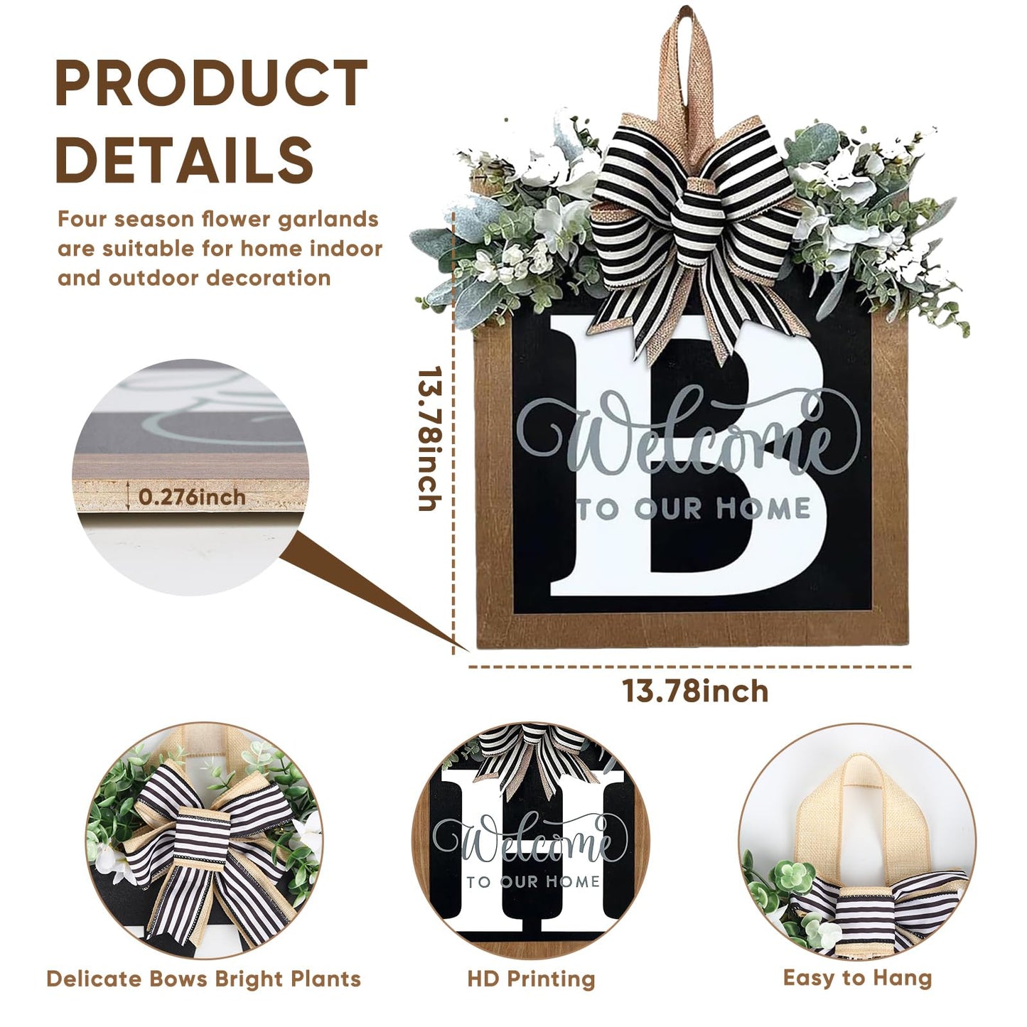 Ultra Large 14'' Last Name All Year Round Front Door Wreath with 26 Initial Letter Welcome Sign All Seasons Eucalyptus Garland and Bow Wreaths for Front Door Porch Farmhouse Decoration (B)