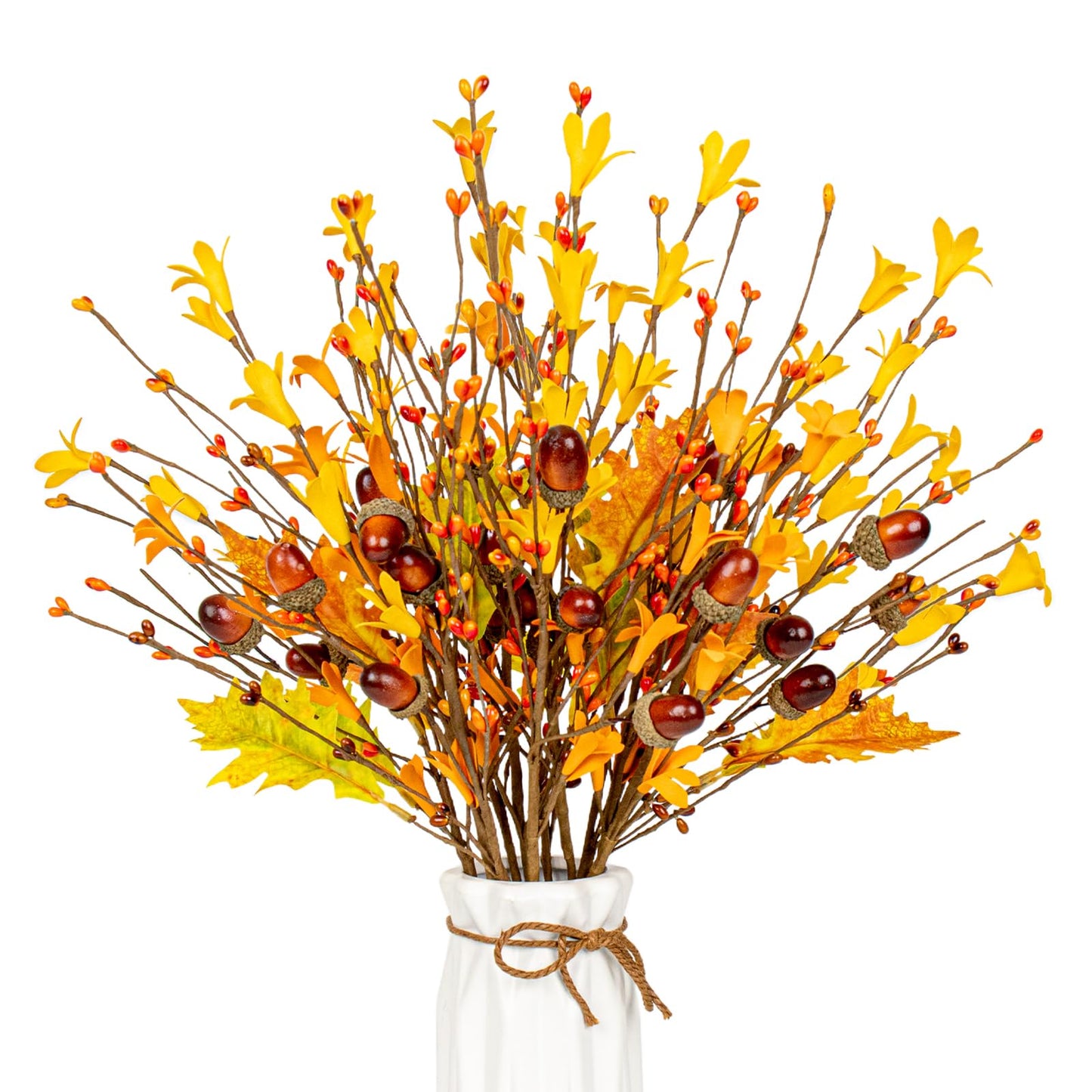 VioletEverGarden Artificial Fall Flowers 12 Pack Fall Leaves Stems 17 Inch Fall Floral Picks with Forsythia Acorn and Berry for Thanksgiving Holiday Decorations