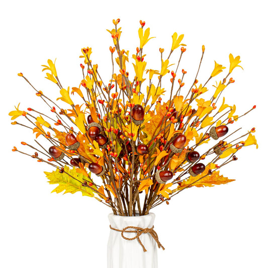 VioletEverGarden Artificial Fall Flowers 12 Pack Fall Leaves Stems 17 Inch Fall Floral Picks with Forsythia Acorn and Berry for Thanksgiving Holiday Decorations