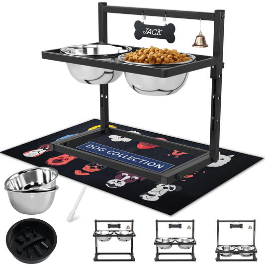 SHAINFUN Elevated Dog Feeder - Raised Bowls Stand with Spill Proof Mat, Adjustable Height, Slow Feeder, Stainless Steel, for Large & Medium Dogs