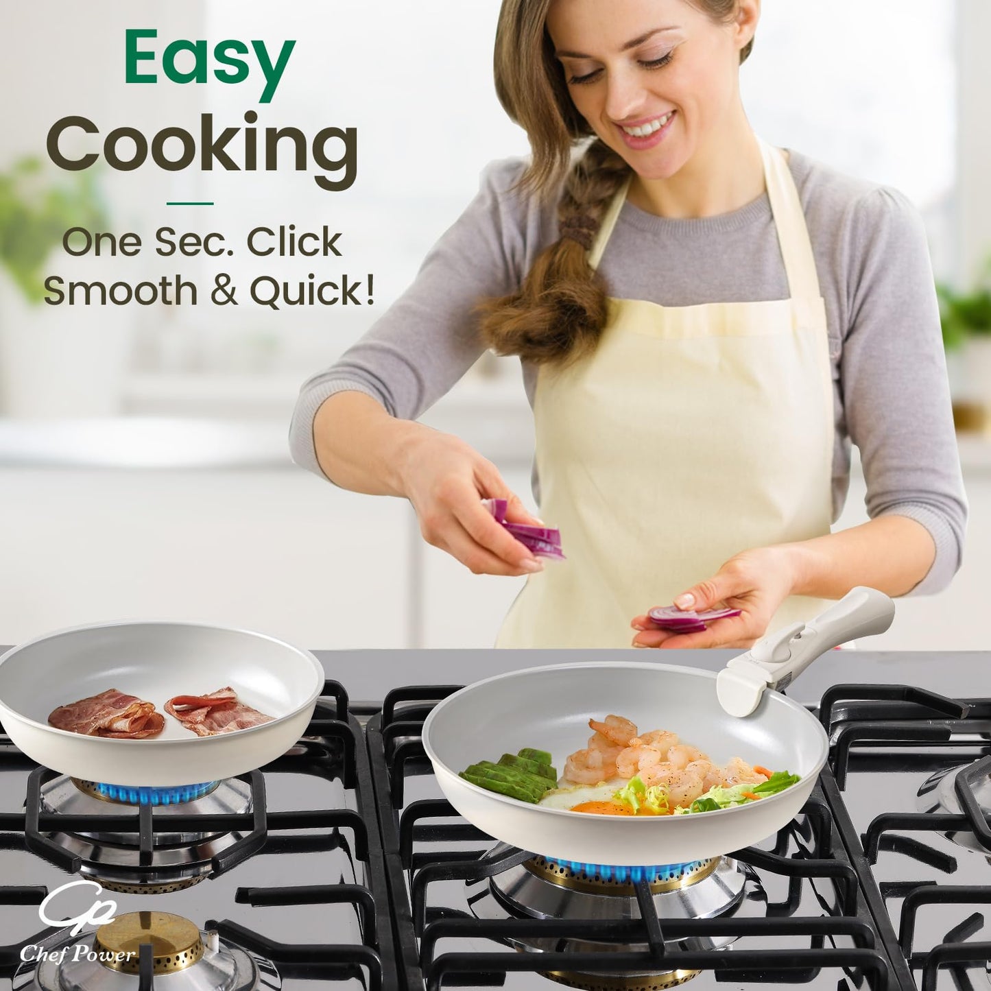 Chef Power Ceramic Nonstick Pots and Pans Set 19 Piece with Detachable Handle, Induction Dishwasher Oven Safe Cookware Set, RV Kitchen Set Removable Handle, Granite Grey and White