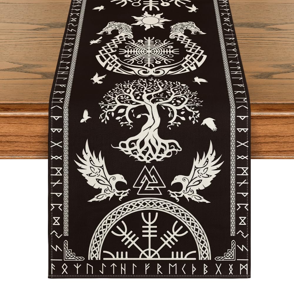 Artoid Mode Black Viking Tree of Life Raven Helmet of Awe Table Runner, Seasonal Kitchen Dining Table Decoration for Home Party Decor 13x108 Inch