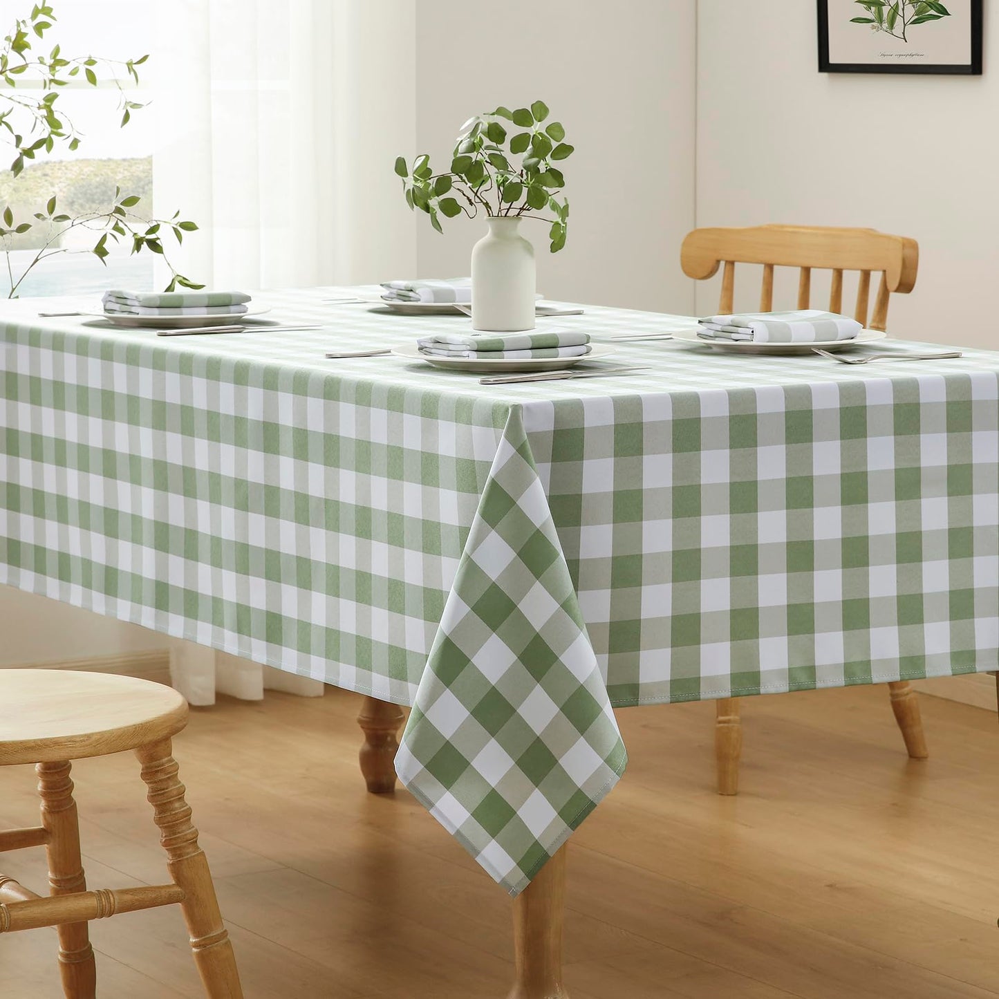 Veblandy Checkered Tablecloth Rectangle Waterproof Gingham Table Cloth Washable Buffalo Plaid Table Cover Wrinkle Free for Kitchen, Dining and Outdoor Picnic, 60 x 102 Inch, Sage Green and White