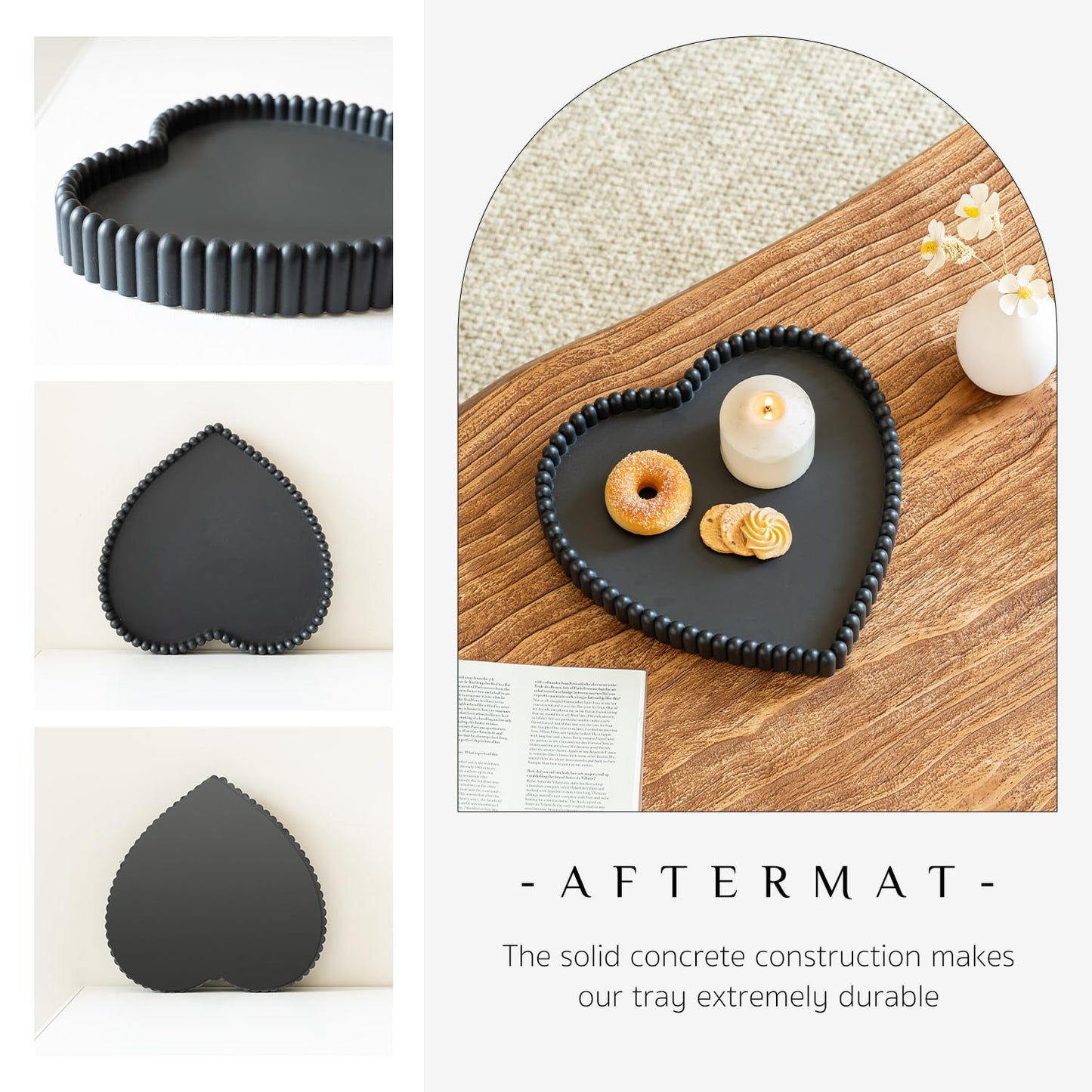 Coffee Table Tray, Home Decor Heart Shaped Tray, Concrete Black Coffee Table Decor Trays, Serving Decorative Trays for Dining Table