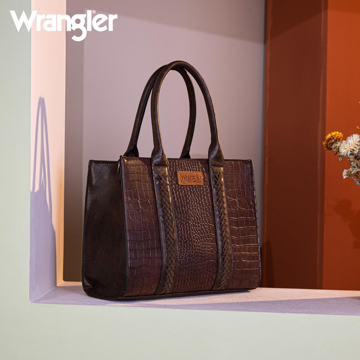 Wrangler tote bag for womens purses and handbags for women Crocodile coffee satchel bags 3pcs purse set gifts medium crossbody with guitar strap WG3-B8321CF