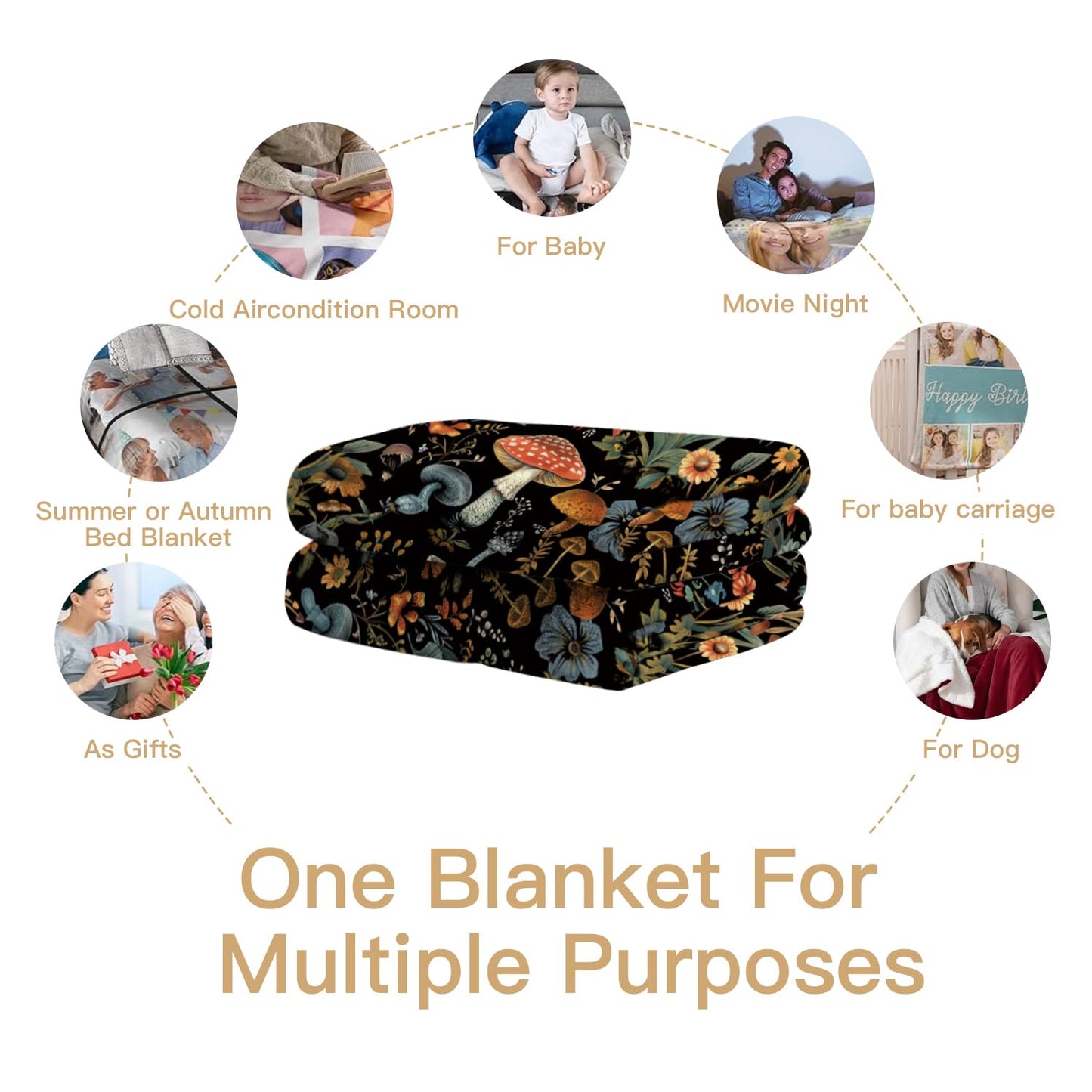 SERYULL Mushroom Throw Blanket,Cute Fluffy Cozy Fleece Blanket for Couch or Bed, Super Soft Birthday Gift for Women,Kids, Black 50x60 inches