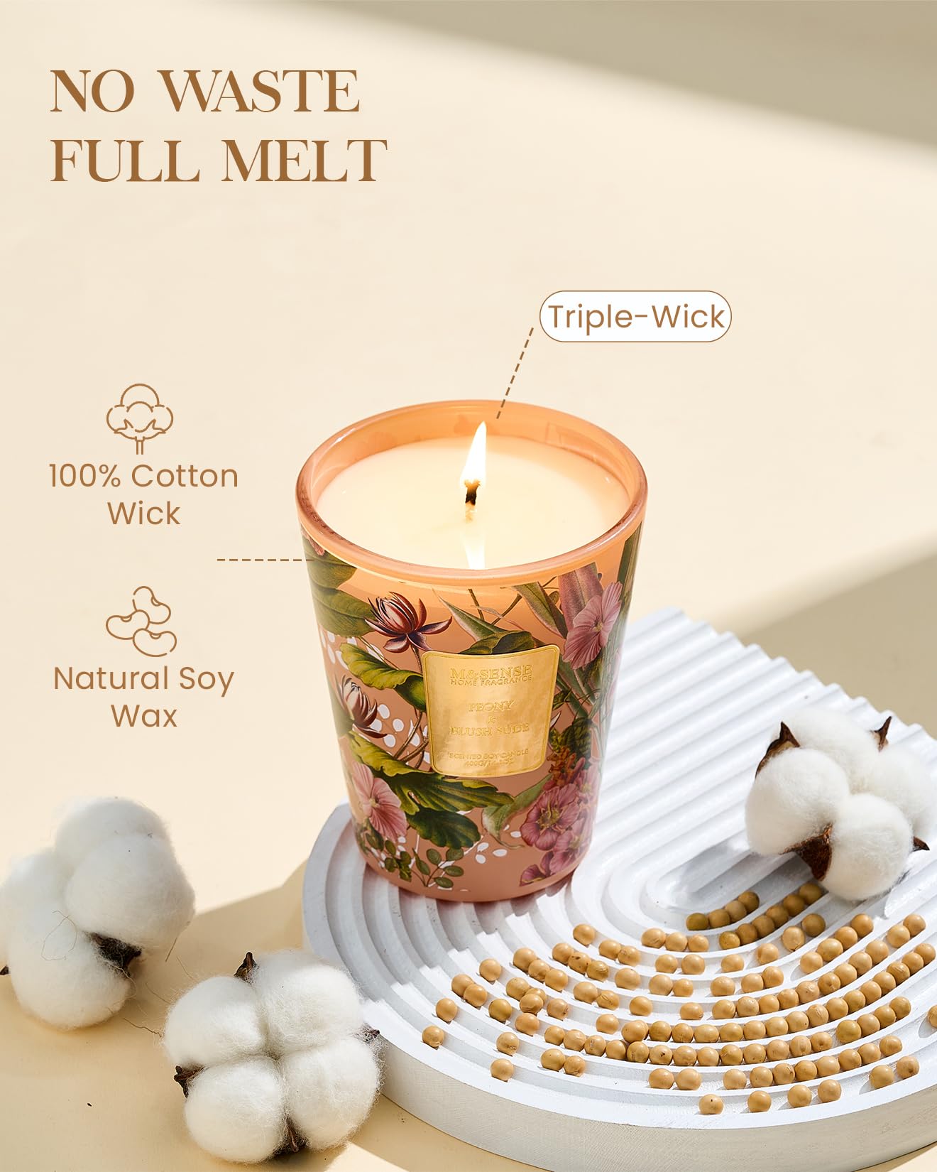 M&SENSE Peony Blush Sude Scented Natural Soy Wax Candle, 14.1oz 60 Hours Long Lasting Slow Burning Candles for Home Decor, Aromatherapy Candle for Stress Relief