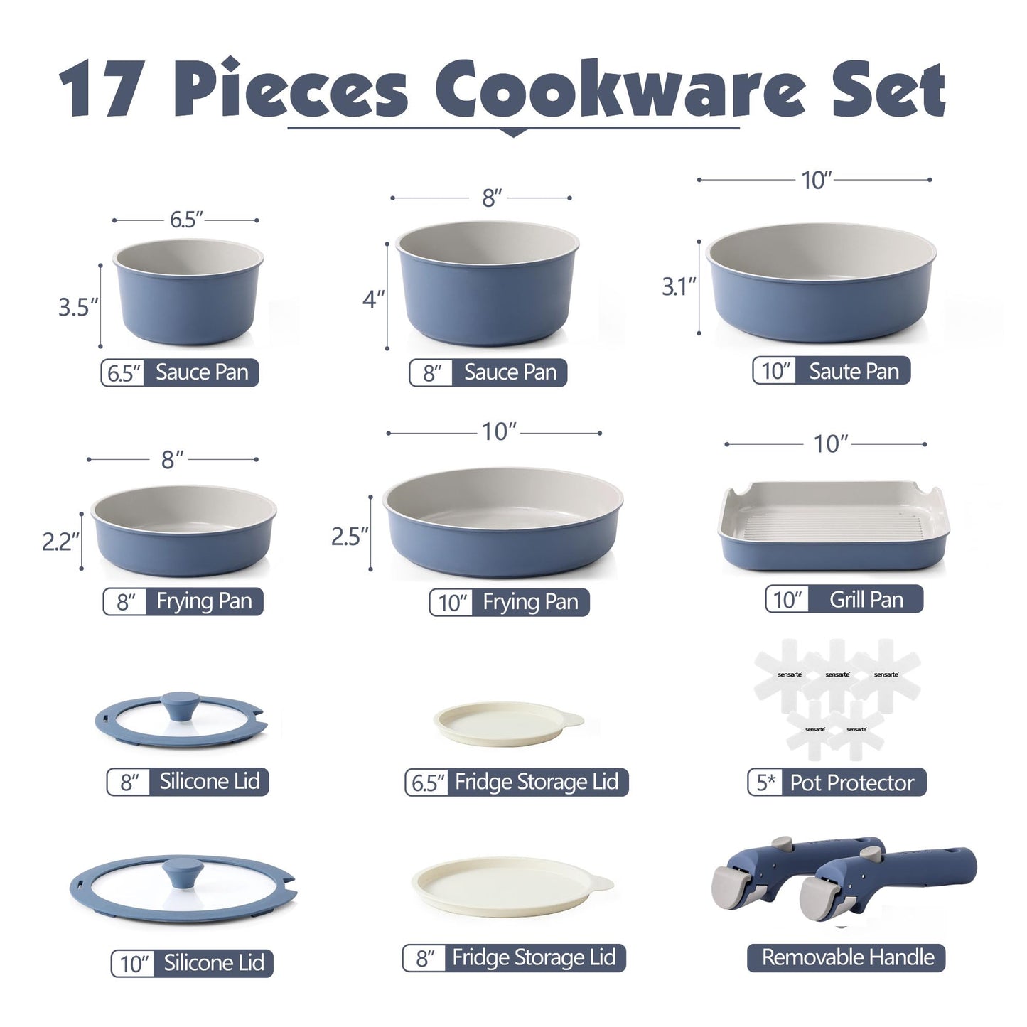 SENSARTE 17 Piece Ceramic Pots and Pans Set, Nonstick Detachable Handle Cookware, Induction Kitchen Cookware Set with Removable Handle, Dishwasher ＆ Oven Safe (Navy)