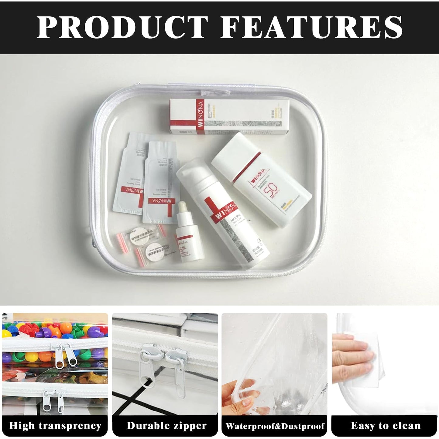 Nexorionar Clear Hard Shell Zipper Case, Zippered Pouch, Plastic Storage Containers for Small Toiletry Items, Toys, Building Blocks, Puzzles, Cosmetics & Stationery (Set of Large, Medium, Small)