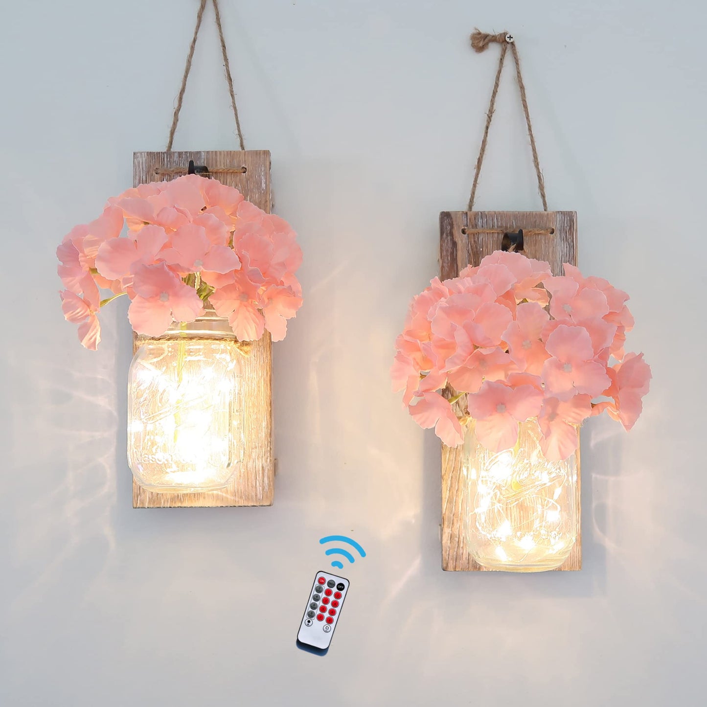Besuerte Mason Jar Wall Decor Set of 2, Farmhouse Decor Living Room, Country Inspirational Rustic Hanging Accent Wall Decor with Remote Fairy Light & Pink Hydrangea Flowers(Medium,Rustic Brown)