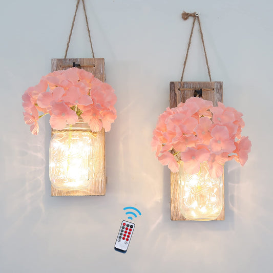 Besuerte Mason Jar Wall Decor Set of 2, Farmhouse Decor Living Room, Country Inspirational Rustic Hanging Accent Wall Decor with Remote Fairy Light & Pink Hydrangea Flowers(Medium,Rustic Brown)